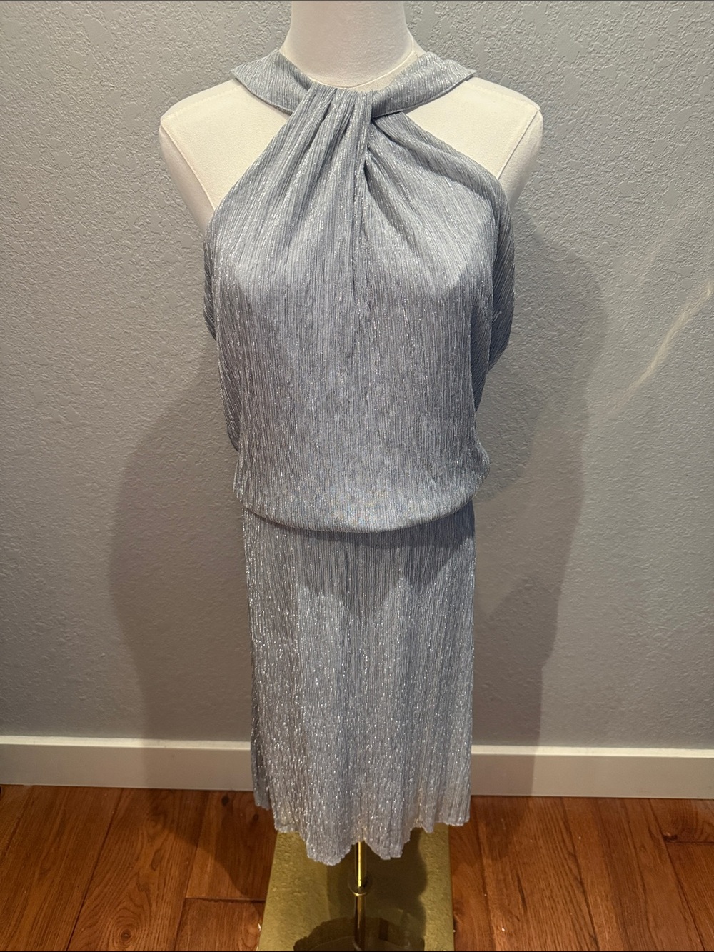 White House Black Market Silver Metallic Pleated Dress